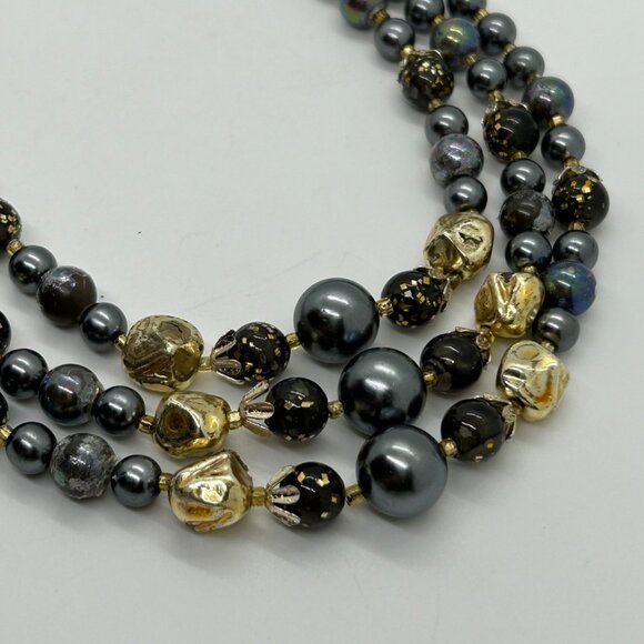 Vintage Three-Strand Gray Gold Iridescent Bead Faux & Pearls Prom Formal - Picture 6 of 16